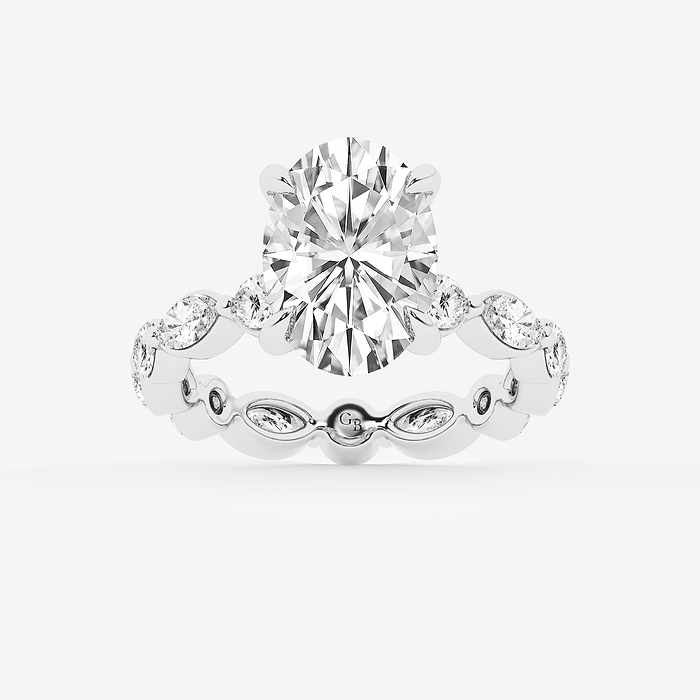 Nika - 5 5/8 ctw Oval Lab Grown Diamond Solitaire Alternating Round and Marquise Eternity Engagement Ring