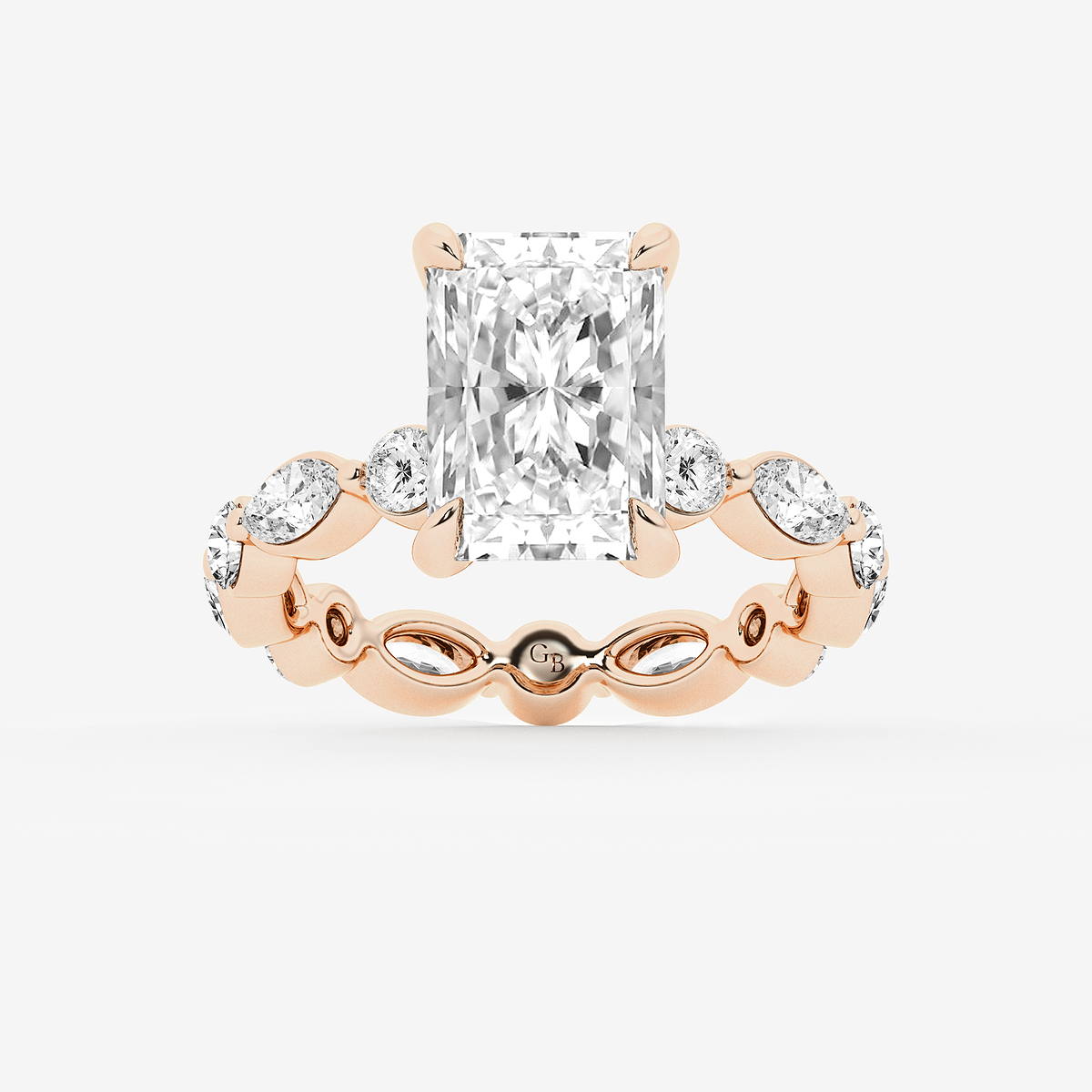 4 3/4 ctw Radiant Lab Grown Diamond Hidden Halo Alternating Round and Marquise Eternity Engagement Ring
