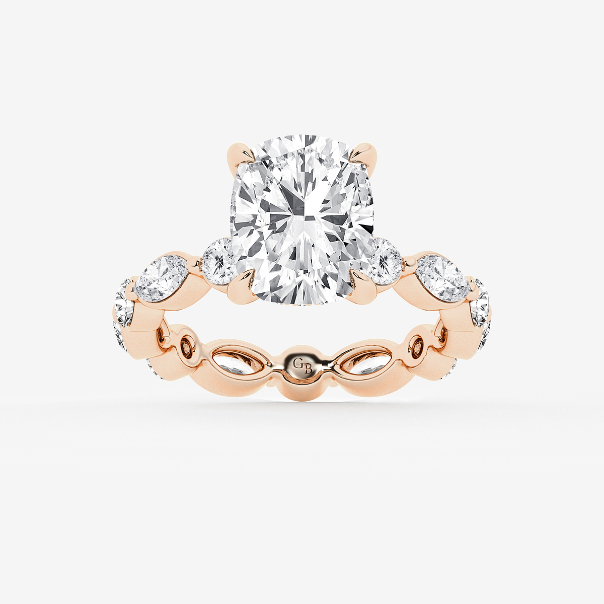 5 3/4 ctw Elongated Cushion Lab Grown Diamond Hidden Halo Alternating Round and Marquise Eternity Engagement Ring
