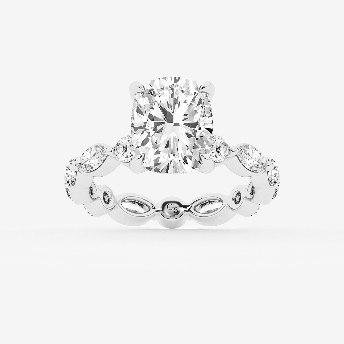 4 3/4 ctw Elongated Cushion Lab Grown Diamond Hidden Halo Alternating Round and Marquise Eternity Engagement Ring