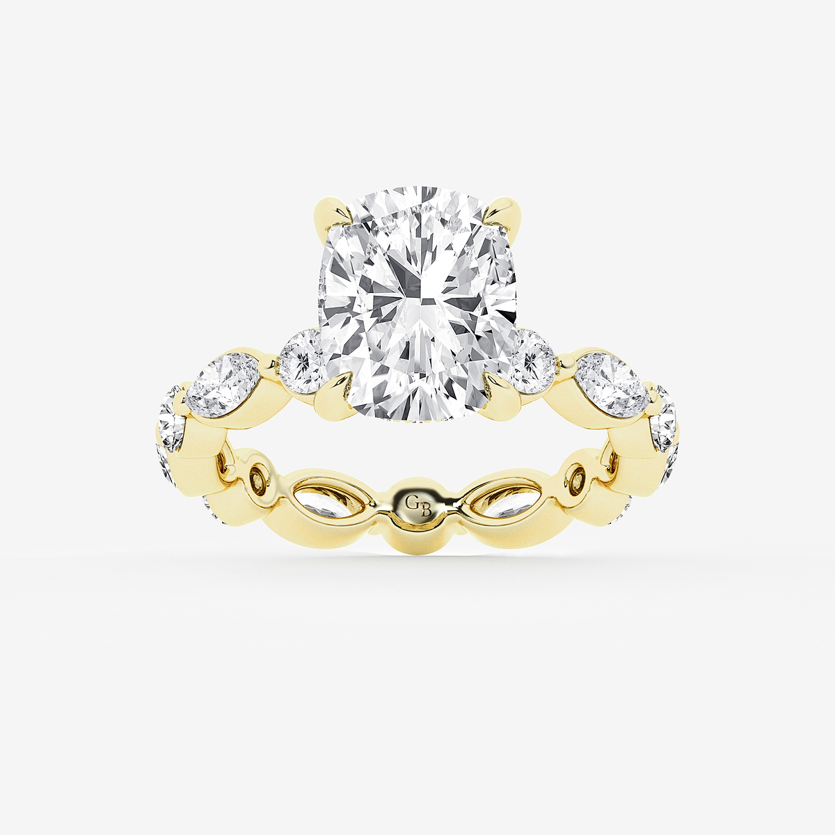 4 3/4 ctw Elongated Cushion Lab Grown Diamond Hidden Halo Alternating Round and Marquise Eternity Engagement Ring