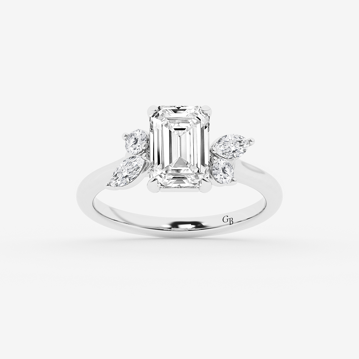 3 2/5 ctw Emerald Lab Grown Diamond Round and Marquise Floral Side Stone Engagement Ring