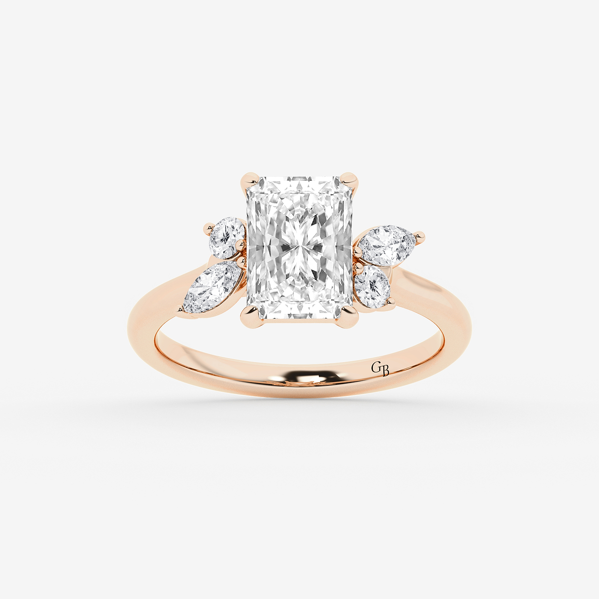 3 2/5 ctw Radiant Lab Grown Diamond Round and Marquise Floral Side Stone Engagement Ring