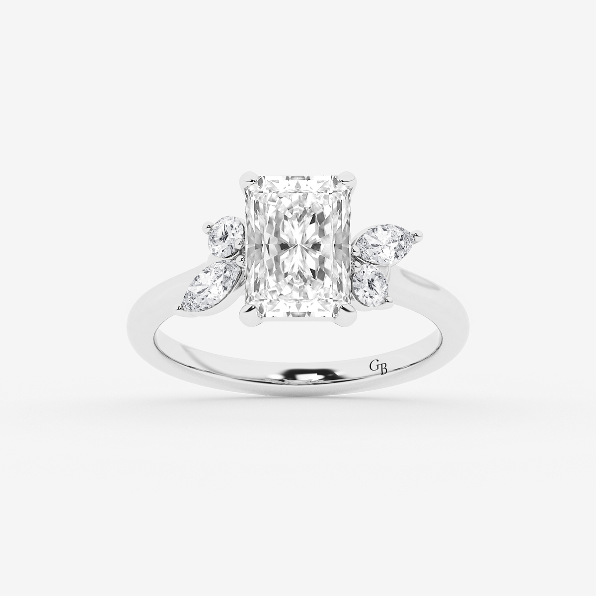 3 2/5 ctw Radiant Lab Grown Diamond Round and Marquise Floral Side Stone Engagement Ring