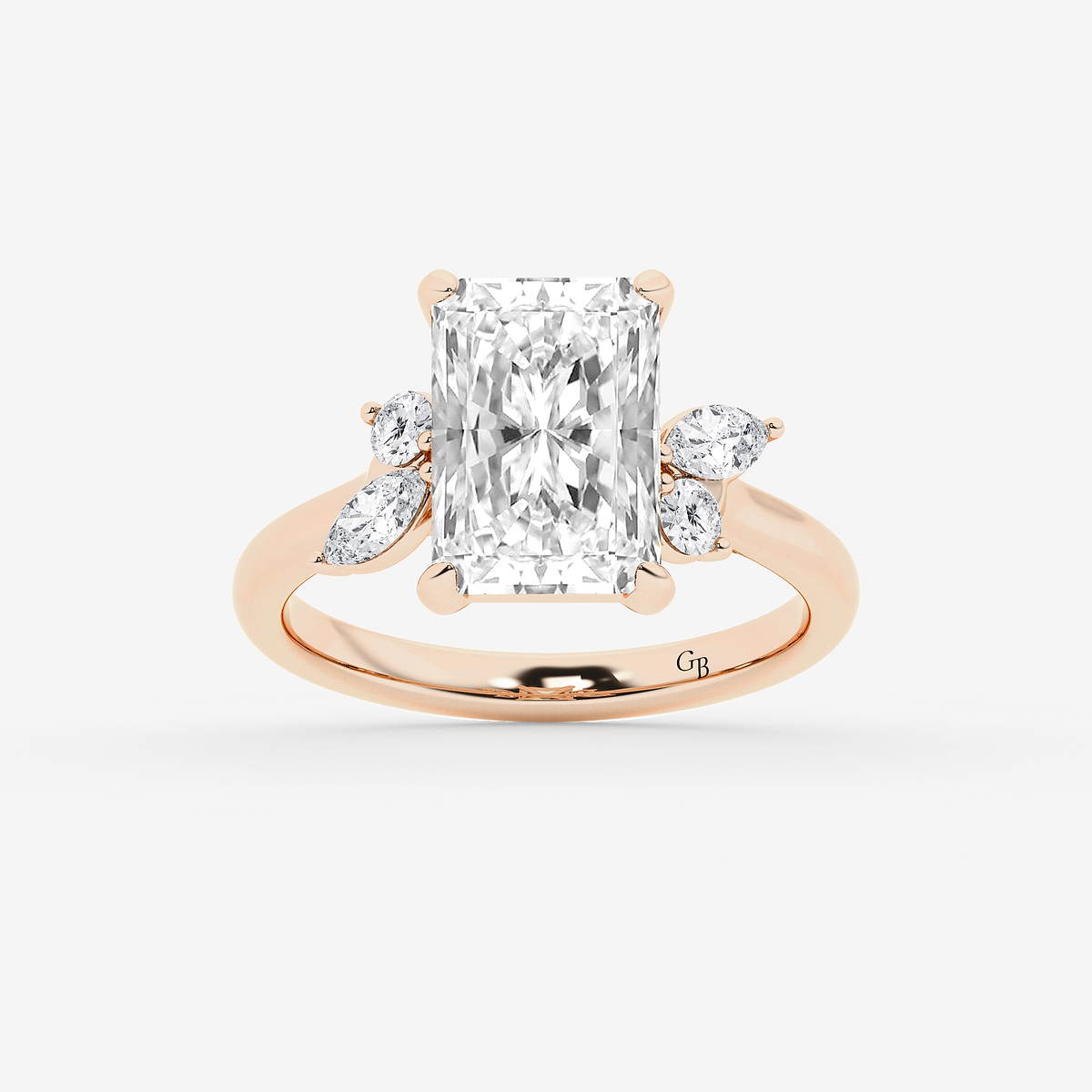 5 2/5 ctw Radiant Lab Grown Diamond Round and Marquise Floral Side Stone Engagement Ring