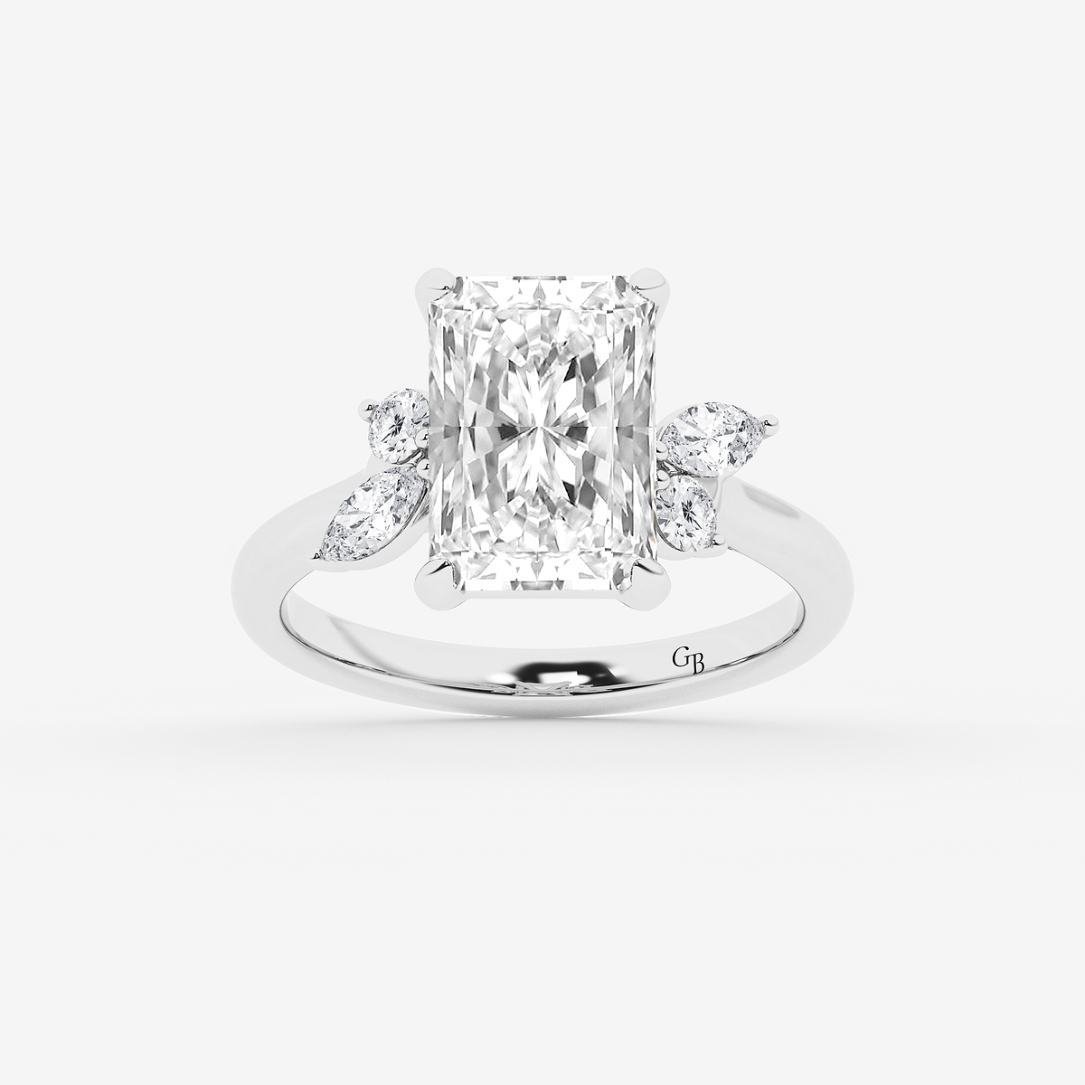 4 2/5 ctw Radiant Lab Grown Diamond Round and Marquise Floral Side Stone Engagement Ring