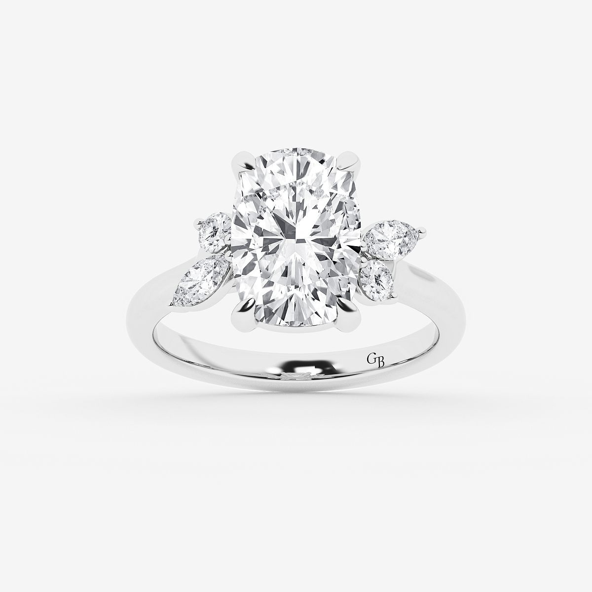 4 2/5 ctw Elongated Cushion Lab Grown Diamond Round and Marquise Floral Side Stone Engagement Ring