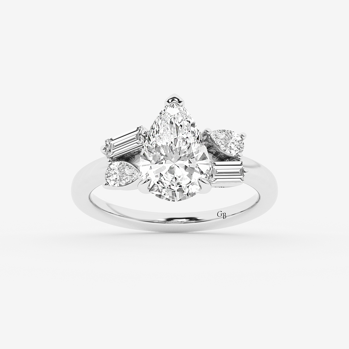 3 1/2 ctw Pear Lab Grown Diamond with Pear and Baguette Side Stone Engagement Ring