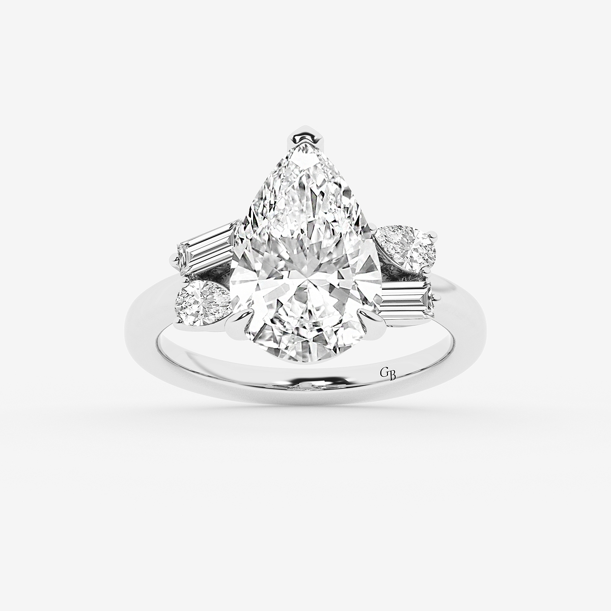 5 1/2 ctw Pear Lab Grown Diamond with Pear and Baguette Side Stone Engagement Ring