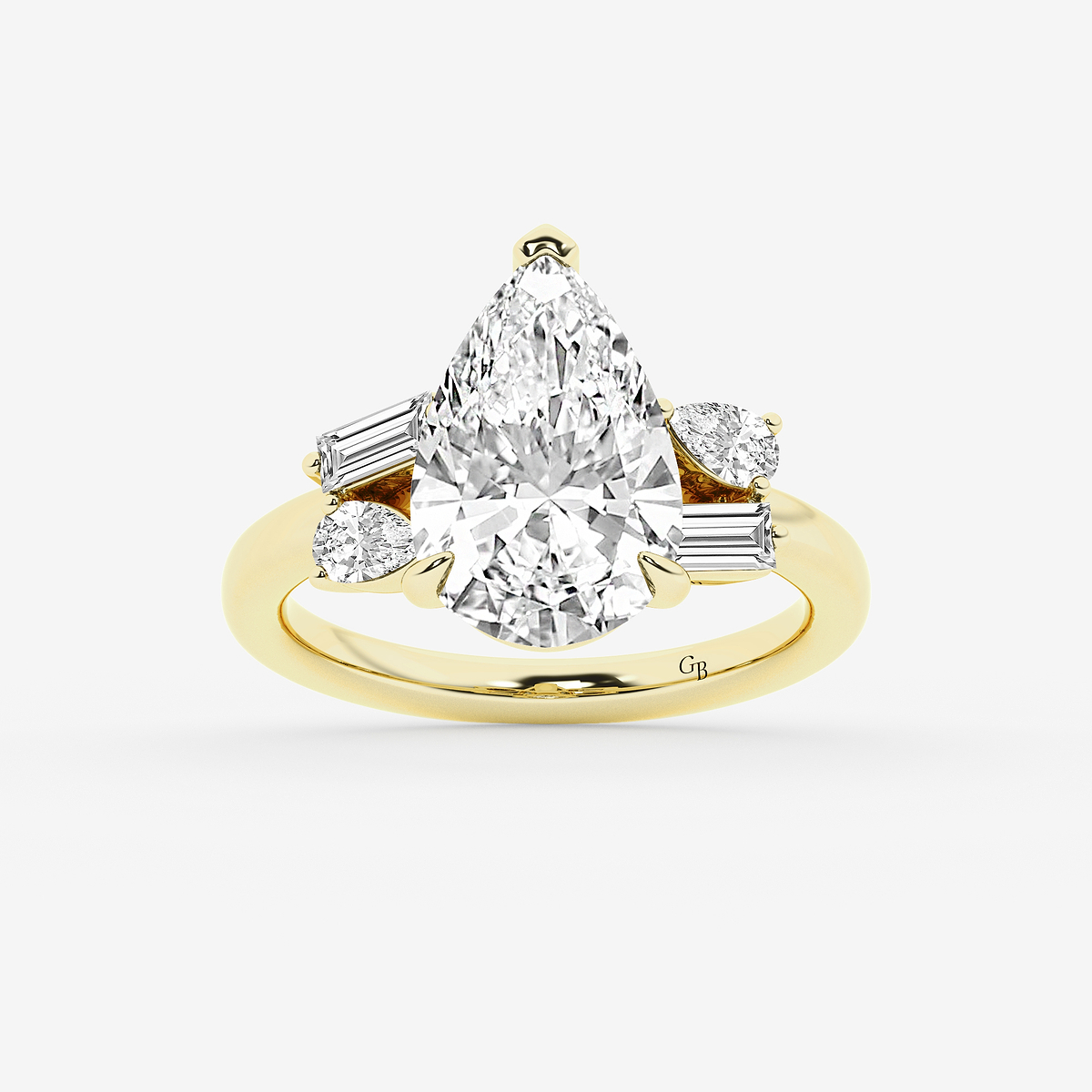 4 1/2 ctw Pear Lab Grown Diamond with Pear and Baguette Side Stone Engagement Ring