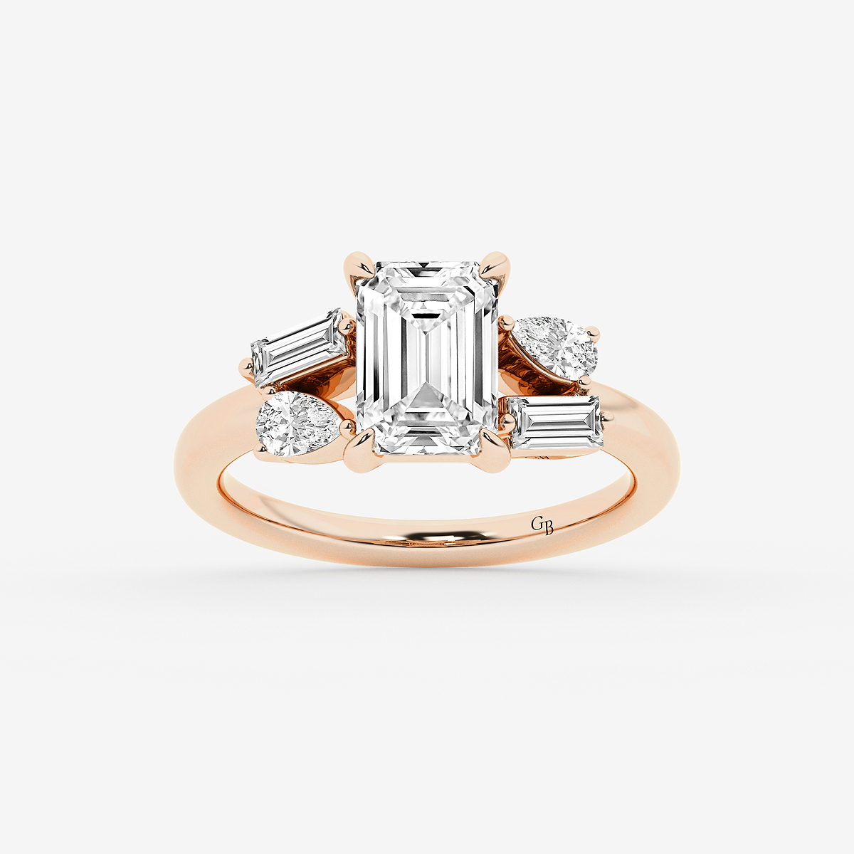 3 1/2 ctw Emerald Lab Grown Diamond with Pear and Baguette Side Stone Engagement Ring