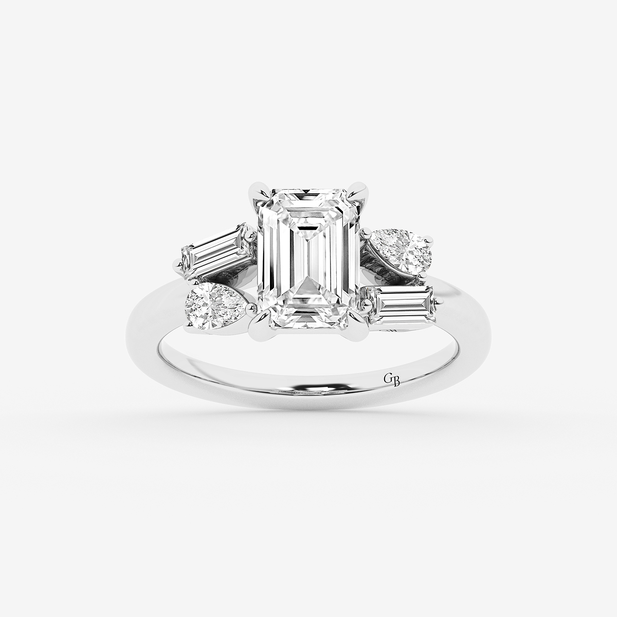 3 1/2 ctw Emerald Lab Grown Diamond with Pear and Baguette Side Stone Engagement Ring