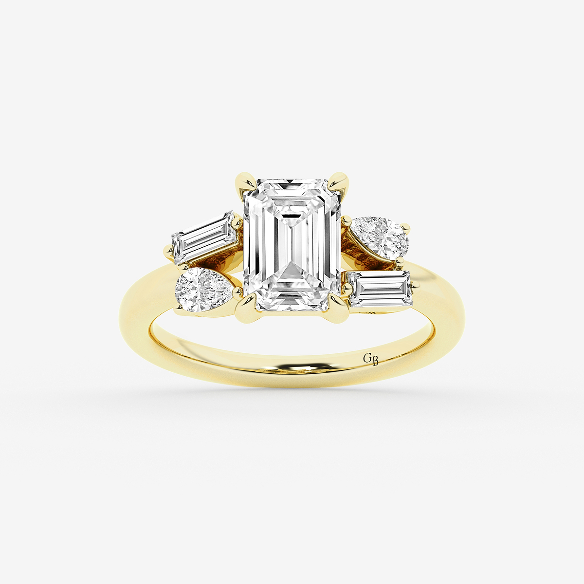 2 1/2 ctw Emerald Lab Grown Diamond with Pear and Baguette Side Stone Engagement Ring