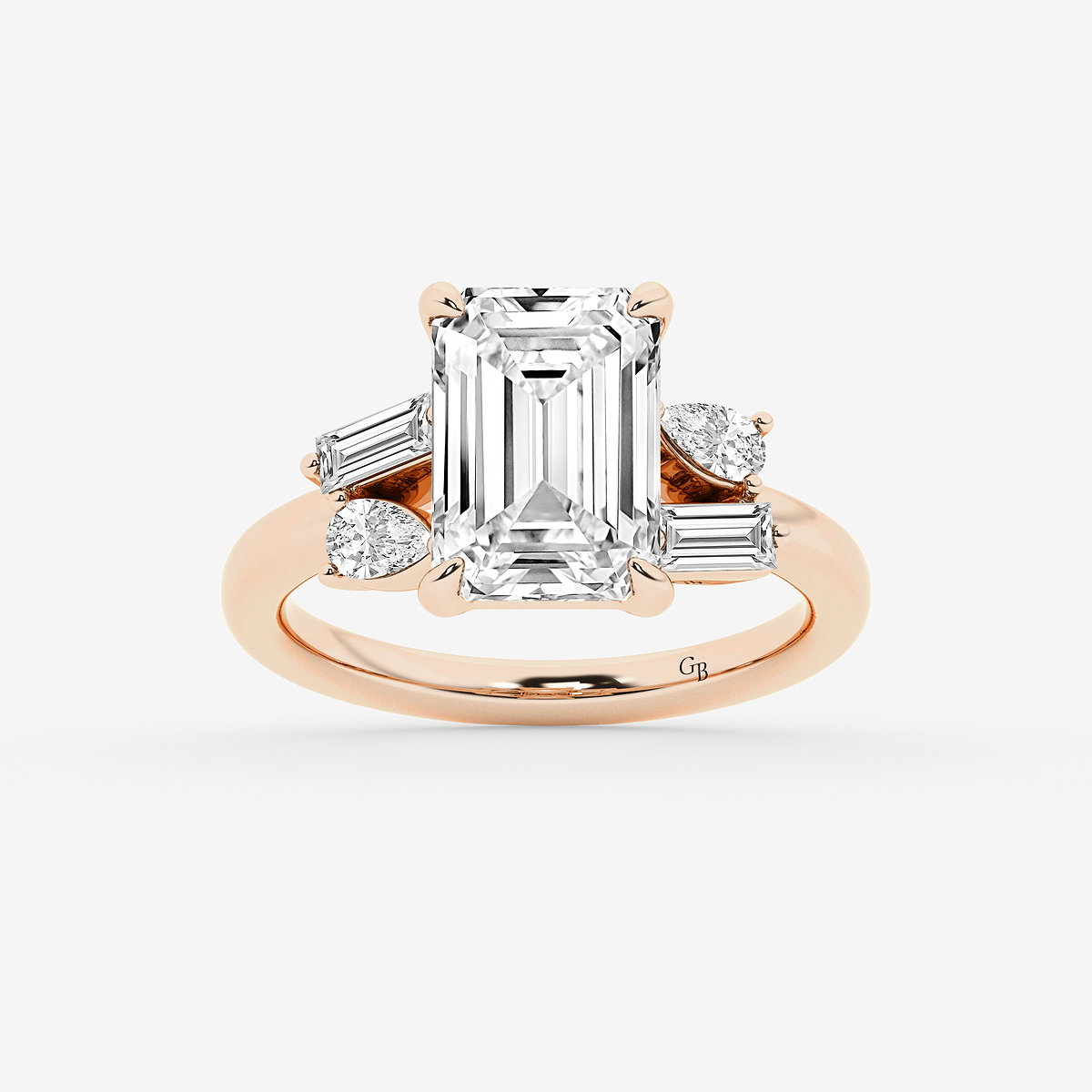 5 1/2 ctw Emerald Lab Grown Diamond with Pear and Baguette Side Stone Engagement Ring