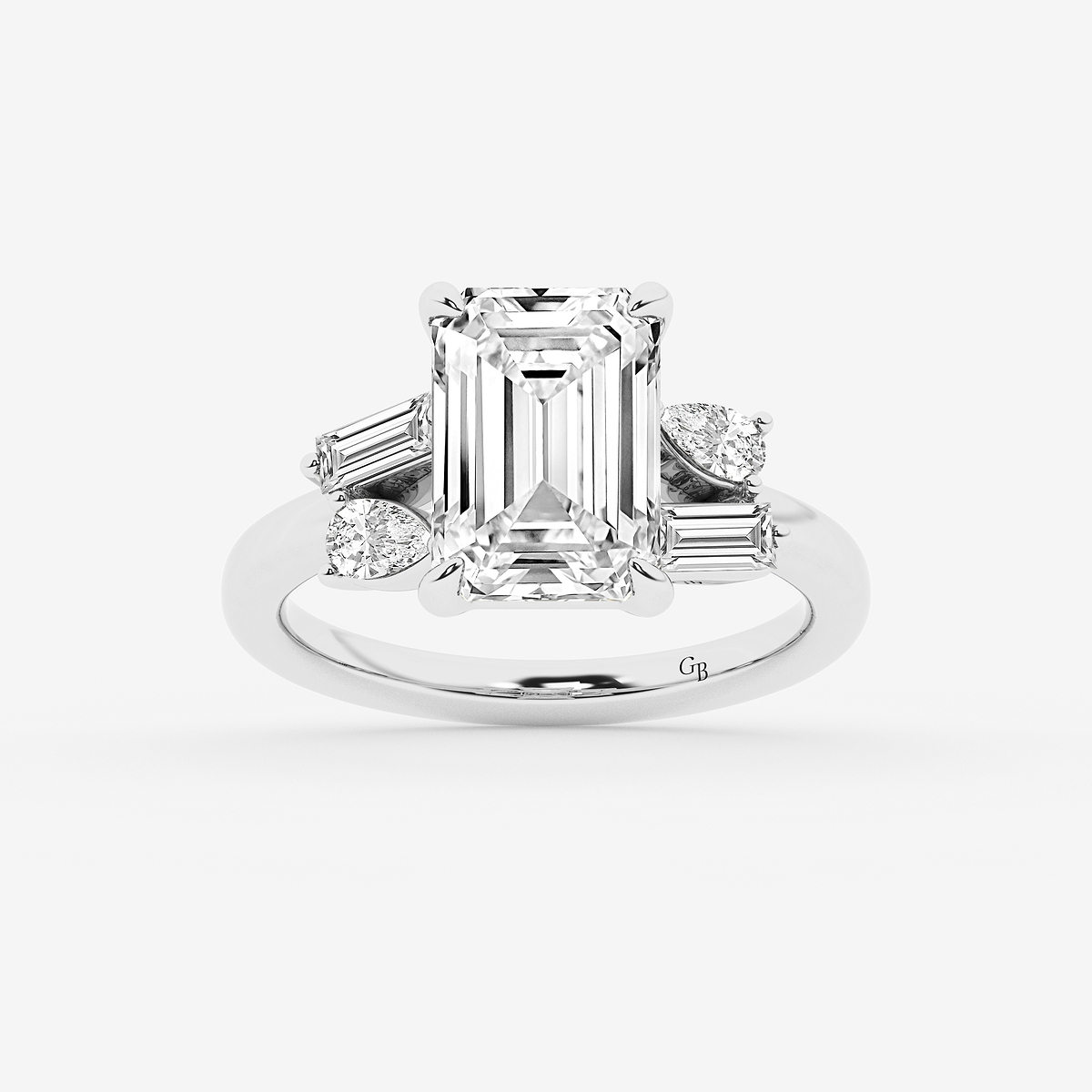 4 1/2 ctw Emerald Lab Grown Diamond with Pear and Baguette Side Stone Engagement Ring