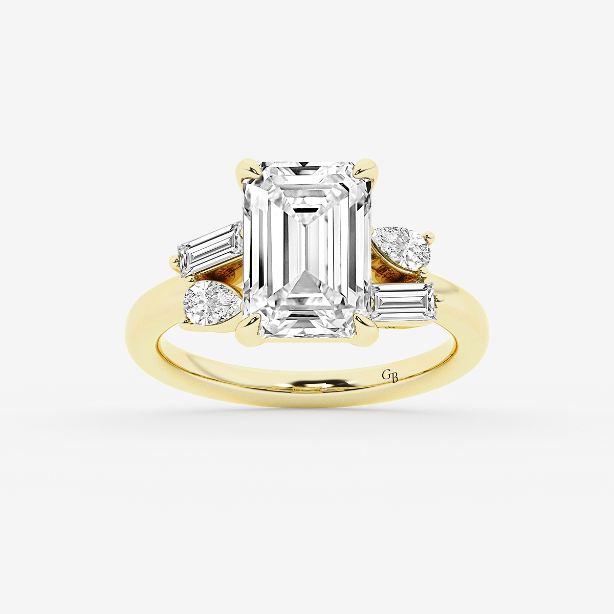 5 1/2 ctw Emerald Lab Grown Diamond with Pear and Baguette Side Stone Engagement Ring