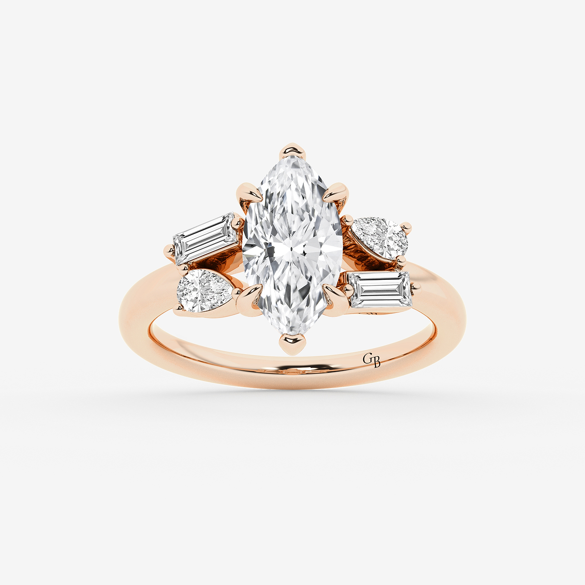 3 1/2 ctw Marquise Lab Grown Diamond with Pear and Baguette Side Stone Engagement Ring