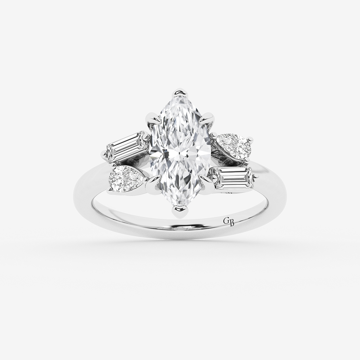 3 1/2 ctw Marquise Lab Grown Diamond with Pear and Baguette Side Stone Engagement Ring