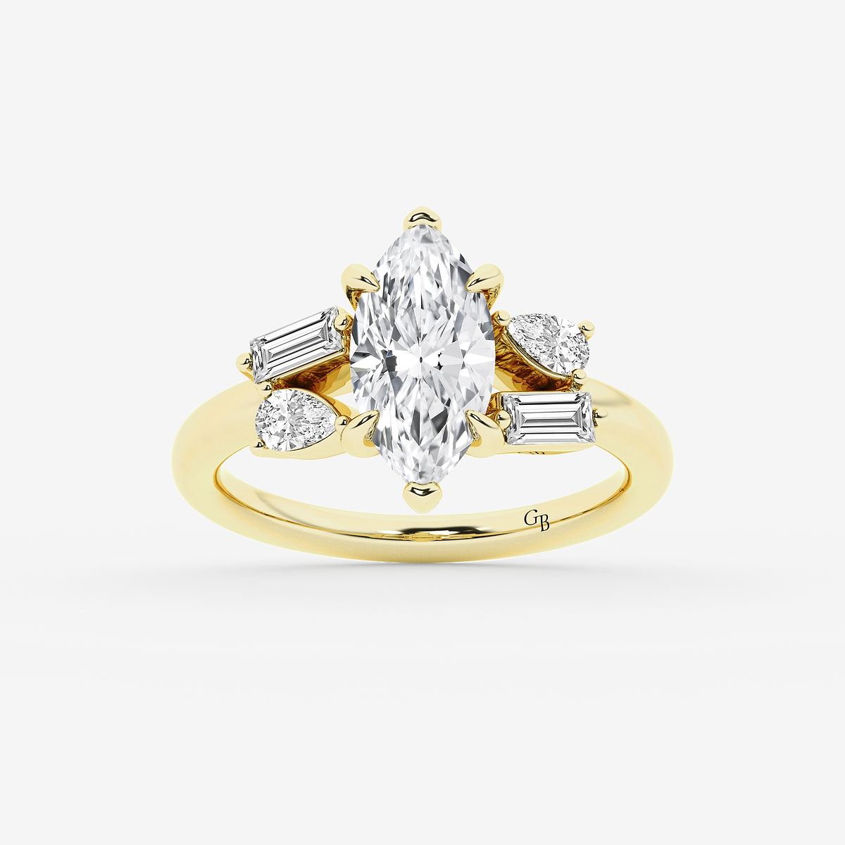 3 1/2 ctw Marquise Lab Grown Diamond with Pear and Baguette Side Stone Engagement Ring