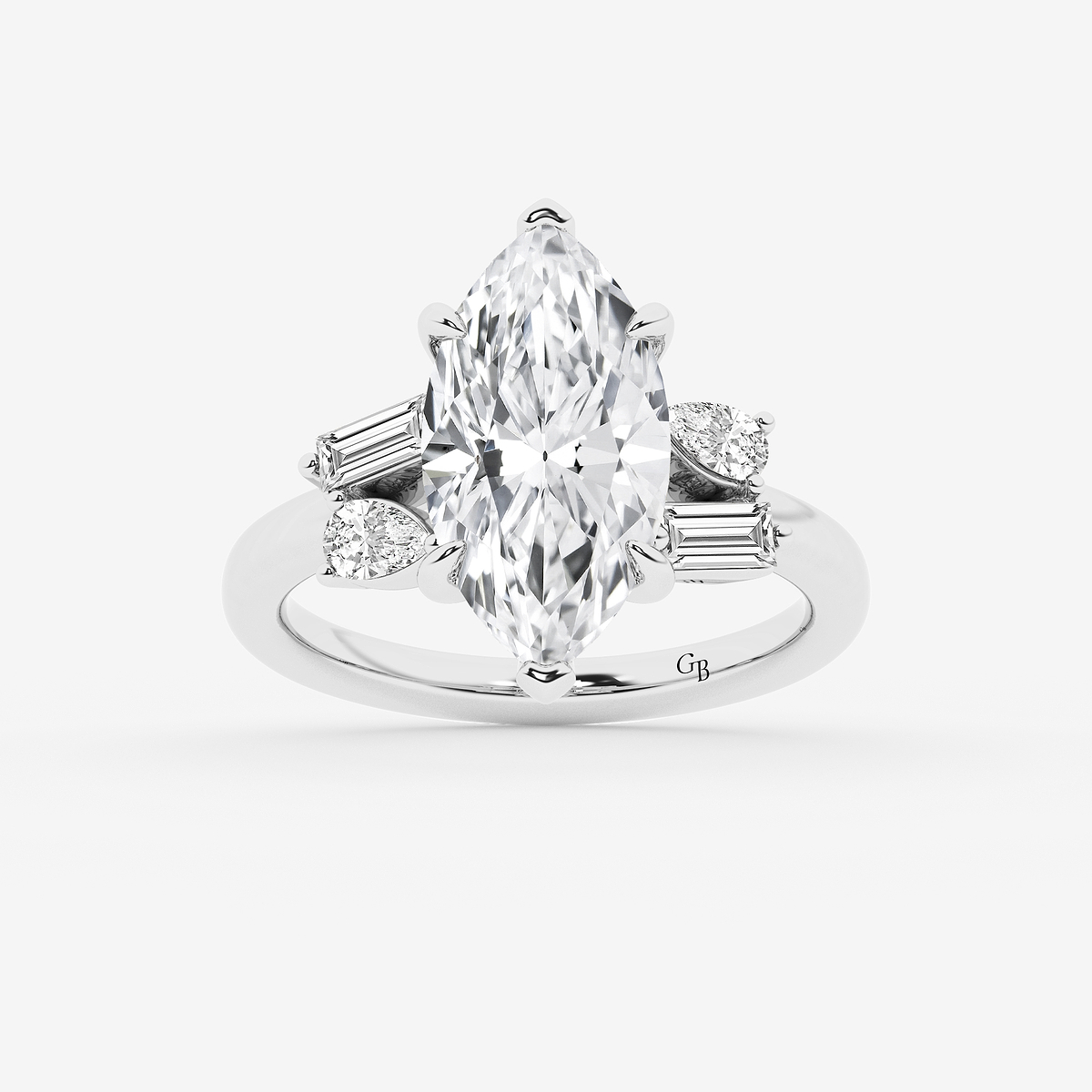 5 1/2 ctw Marquise Lab Grown Diamond with Pear and Baguette Side Stone Engagement Ring