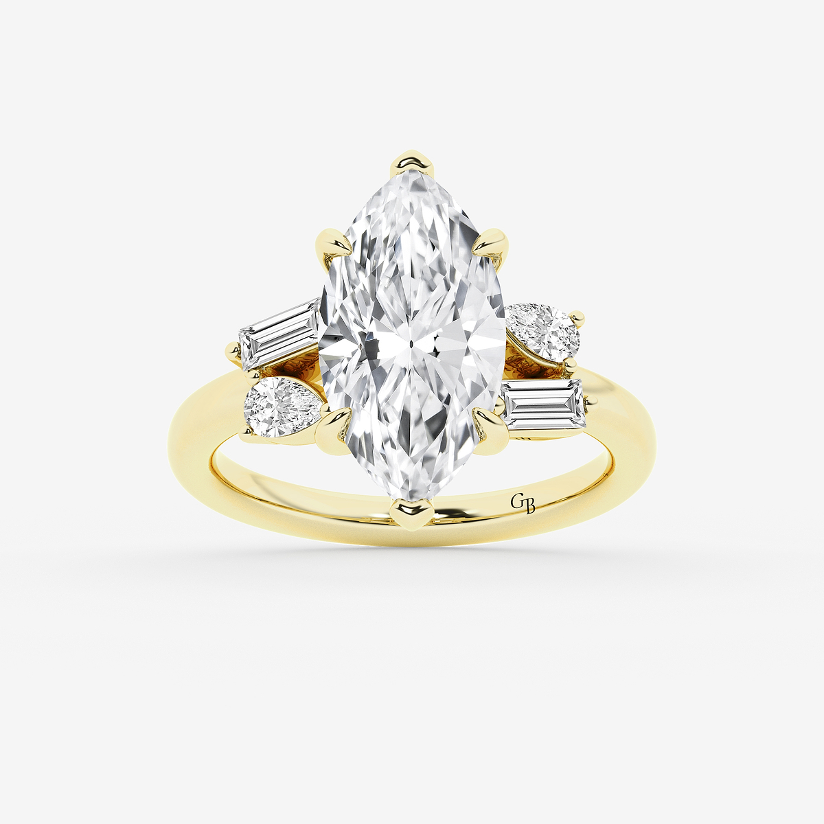 5 1/2 ctw Marquise Lab Grown Diamond with Pear and Baguette Side Stone Engagement Ring