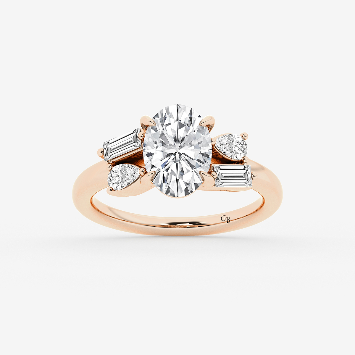 3 1/2 ctw Oval Lab Grown Diamond with Pear and Baguette Side Stone Engagement Ring