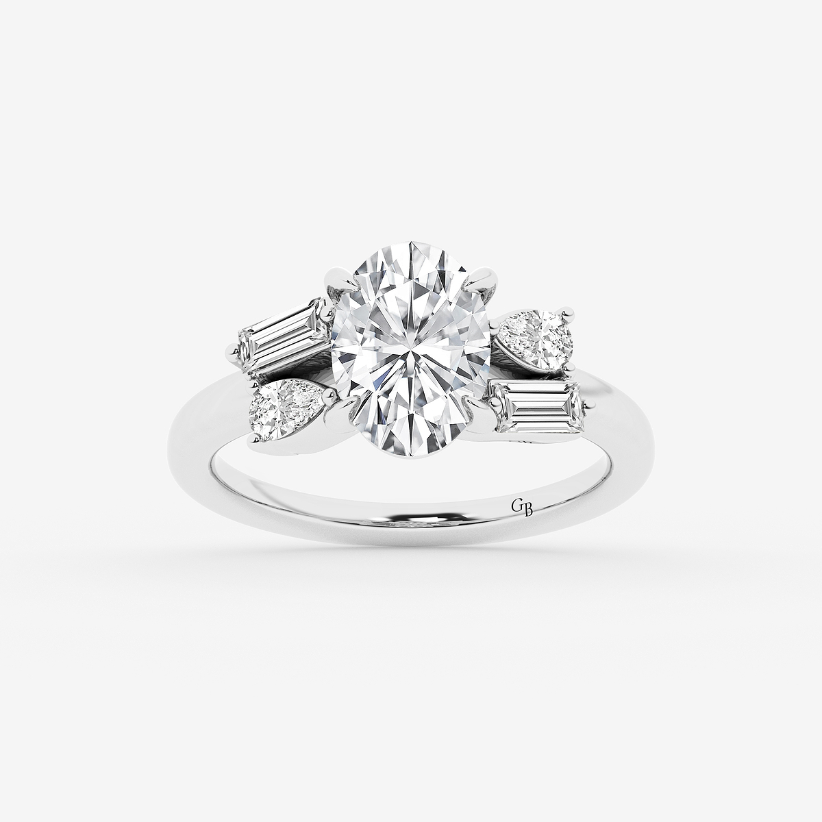 2 1/2 ctw Oval Lab Grown Diamond with Pear and Baguette Side Stone Engagement Ring