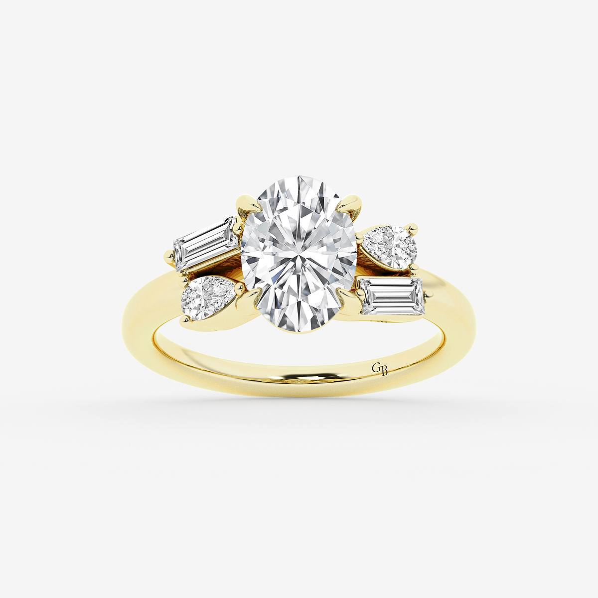 2 1/2 ctw Oval Lab Grown Diamond with Pear and Baguette Side Stone Engagement Ring