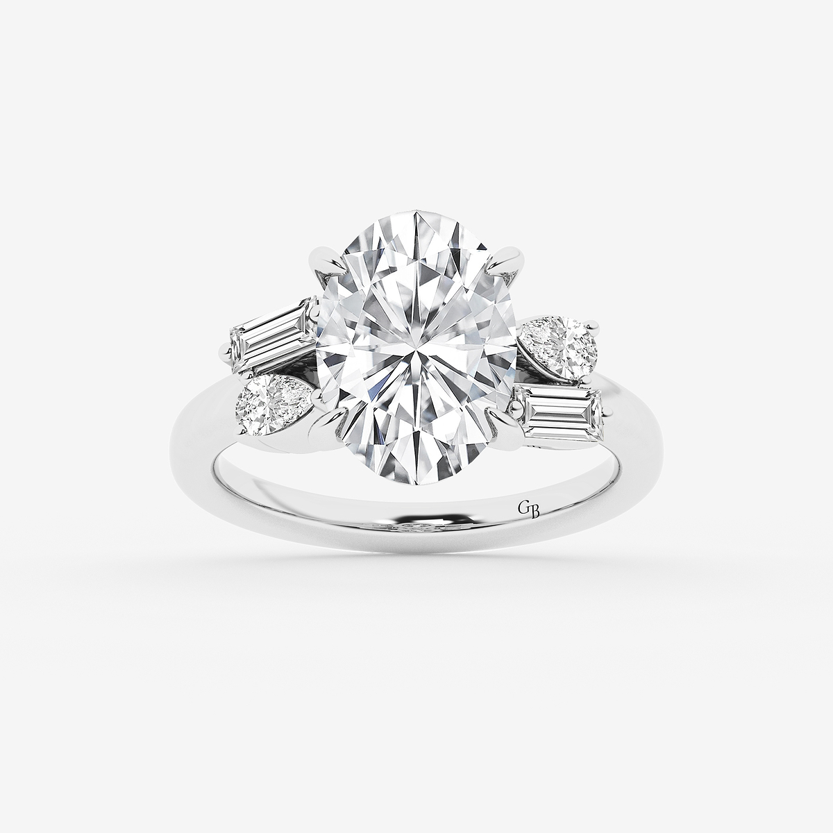 4 1/2 ctw Oval Lab Grown Diamond with Pear and Baguette Side Stone Engagement Ring
