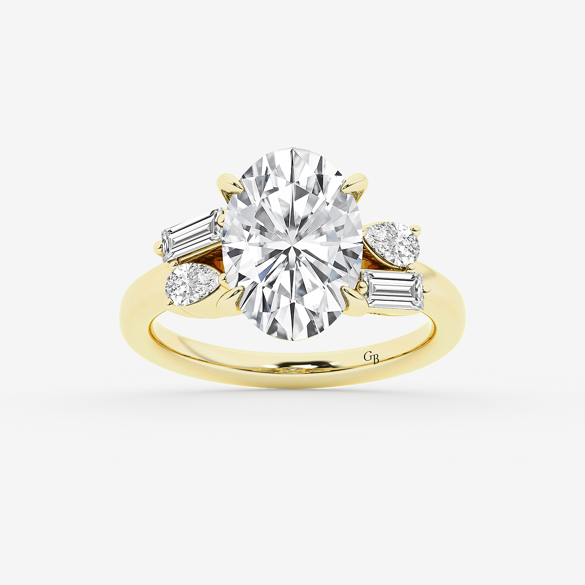 4 1/2 ctw Oval Lab Grown Diamond with Pear and Baguette Side Stone Engagement Ring
