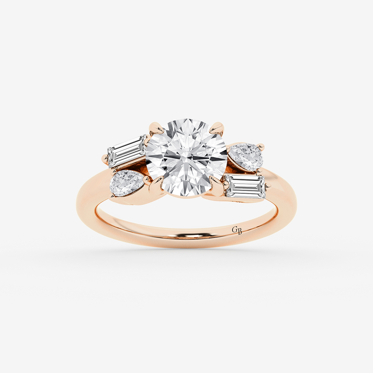 3 1/2 ctw Round Lab Grown Diamond with Pear and Baguette Side Stone Engagement Ring