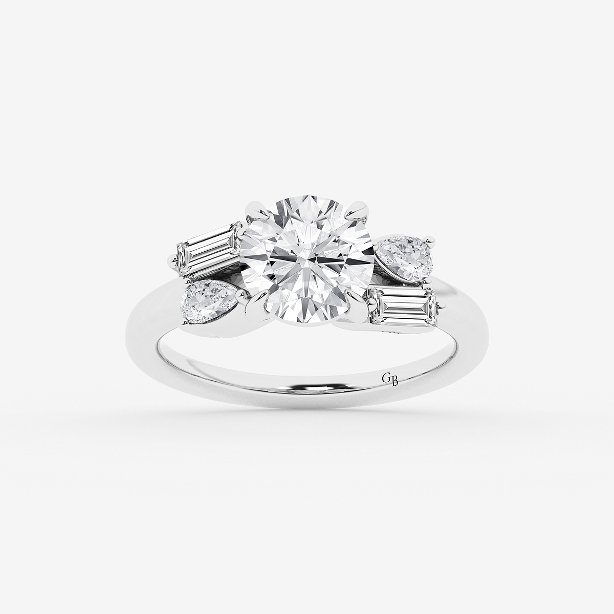 2 1/2 ctw Round Lab Grown Diamond with Pear and Baguette Side Stone Engagement Ring