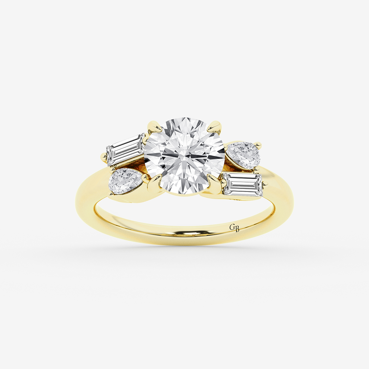 2 1/2 ctw Round Lab Grown Diamond with Pear and Baguette Side Stone Engagement Ring