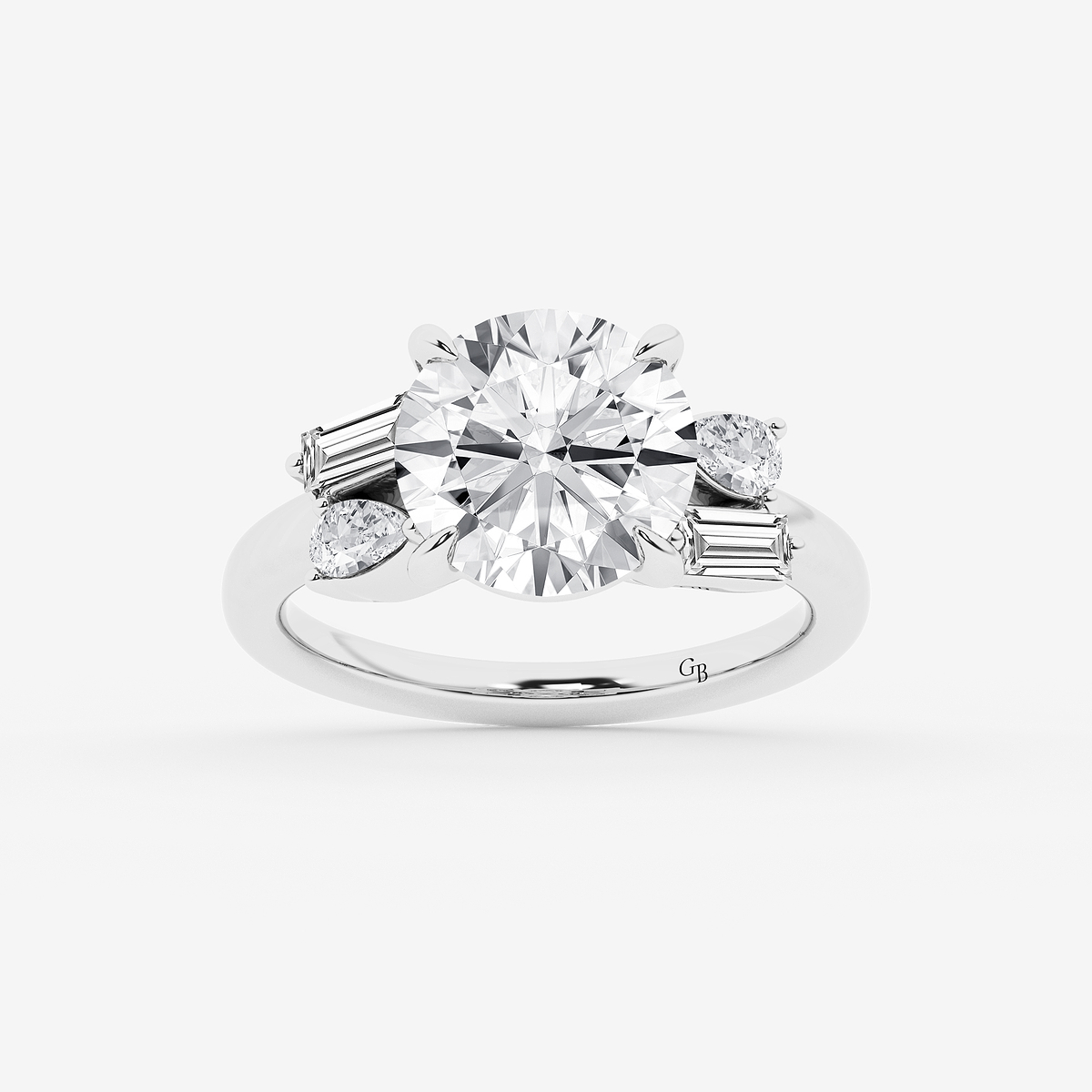 4 1/2 ctw Round Lab Grown Diamond with Pear and Baguette Side Stone Engagement Ring
