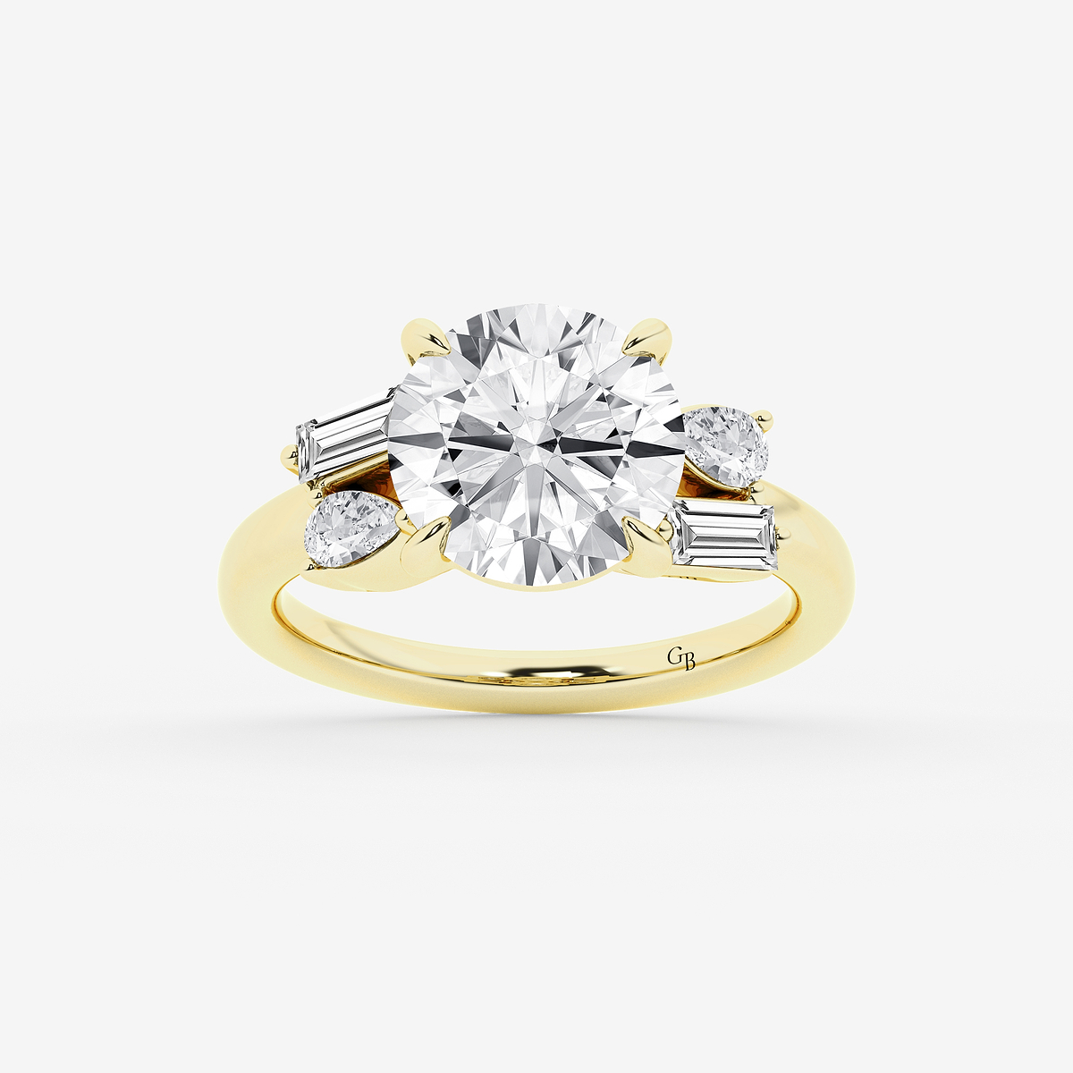 4 1/2 ctw Round Lab Grown Diamond with Pear and Baguette Side Stone Engagement Ring