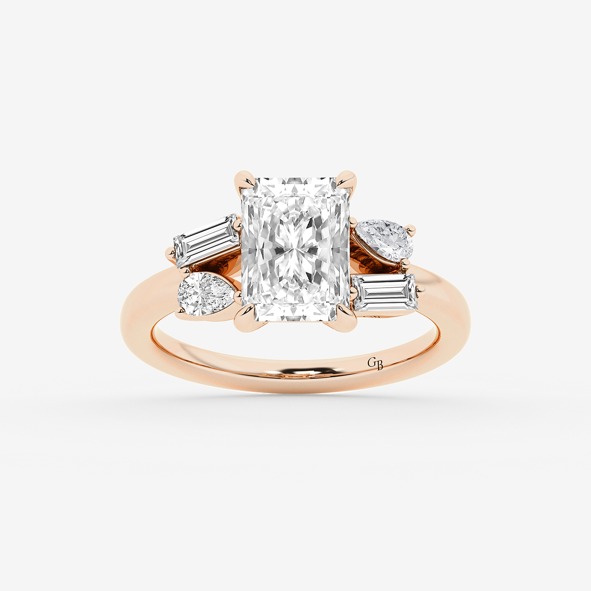 2 1/2 ctw Radiant Lab Grown Diamond with Pear and Baguette Side Stone Engagement Ring