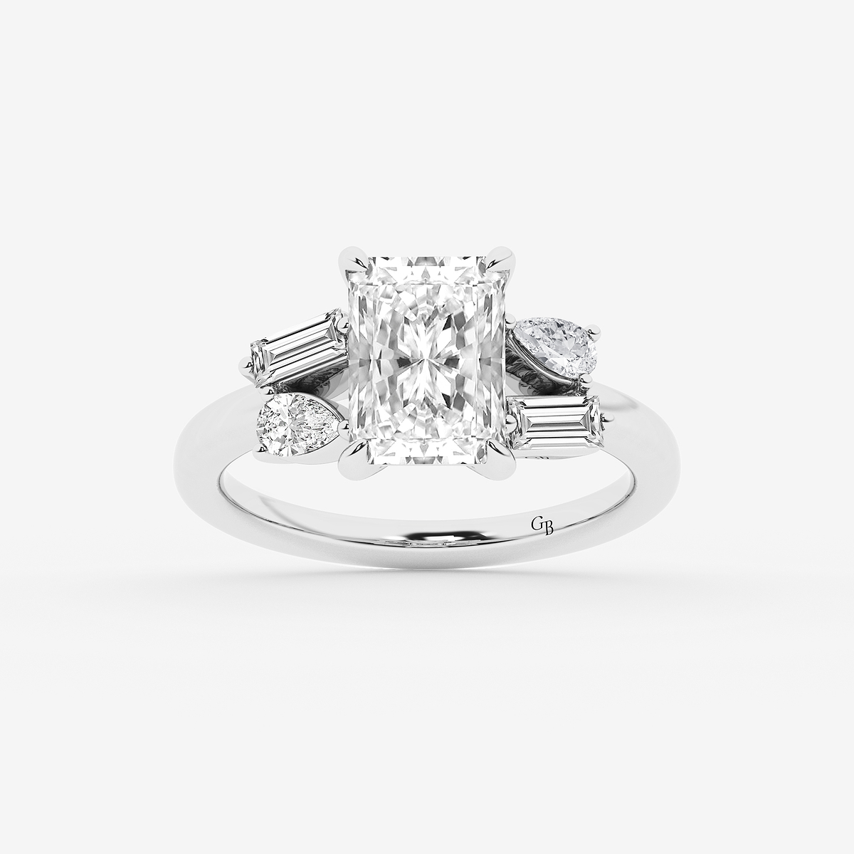 3 1/2 ctw Radiant Lab Grown Diamond with Pear and Baguette Side Stone Engagement Ring