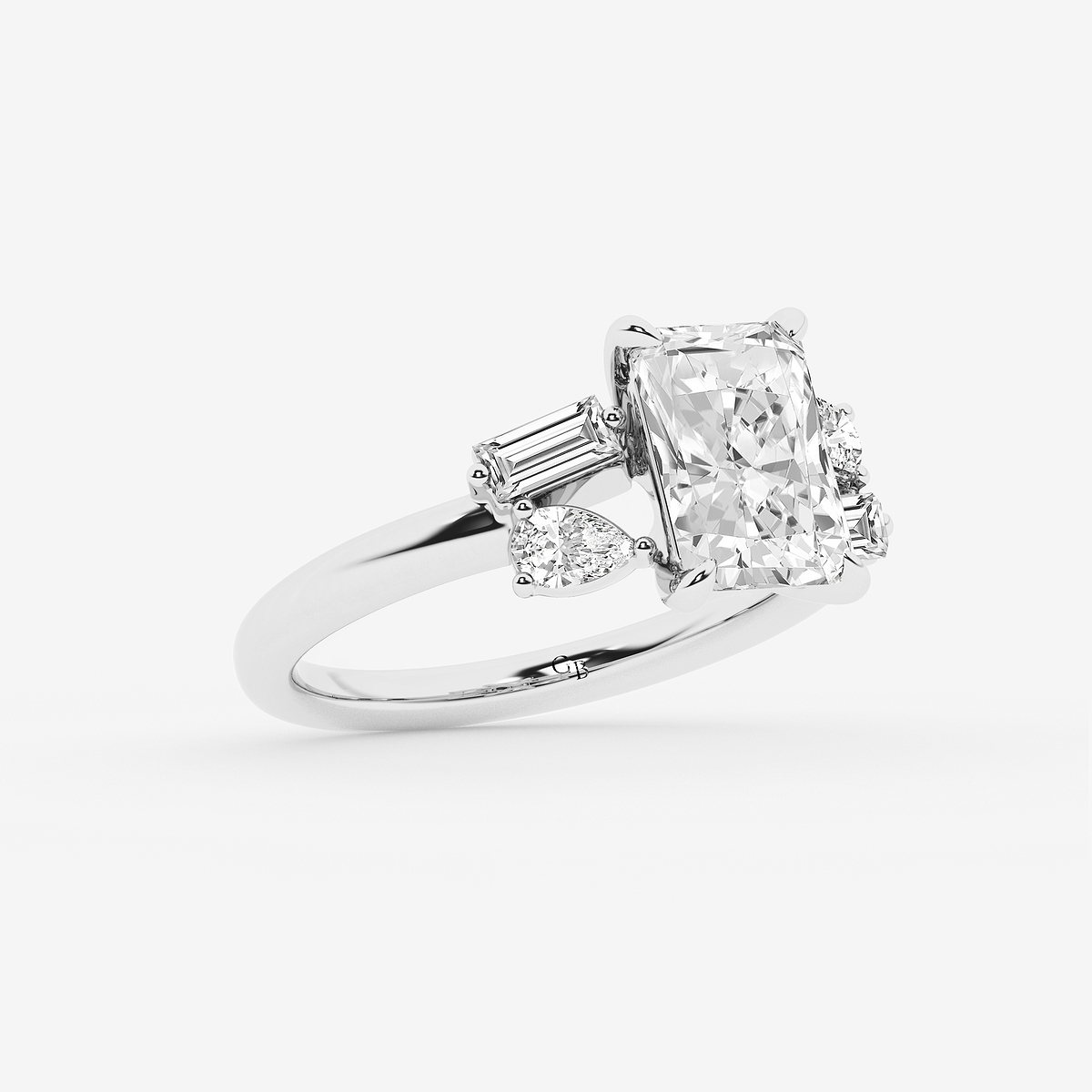 Additional Image 1 for  3 1/2 ctw Radiant Lab Grown Diamond with Pear and Baguette Side Stone Engagement Ring