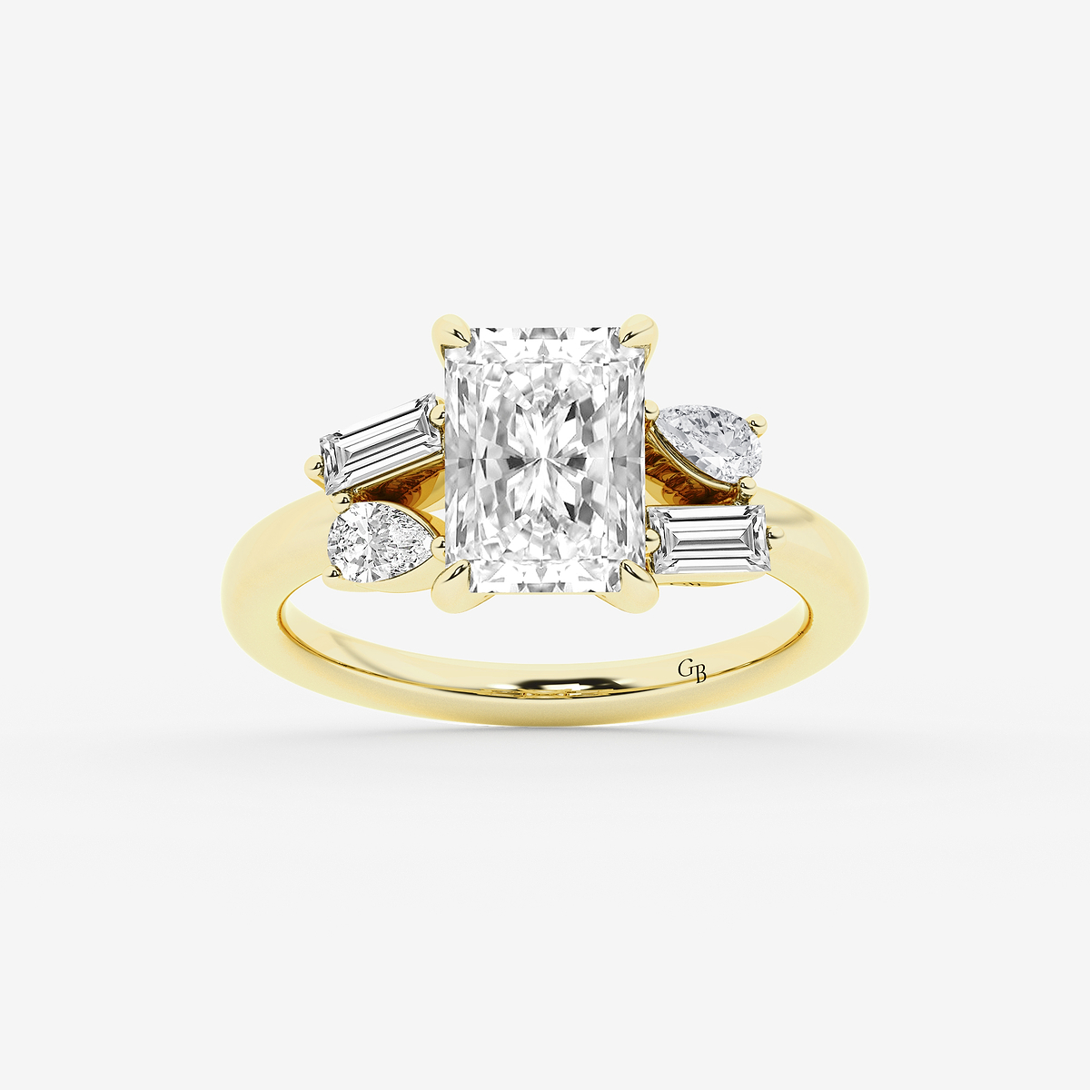3 1/2 ctw Radiant Lab Grown Diamond with Pear and Baguette Side Stone Engagement Ring
