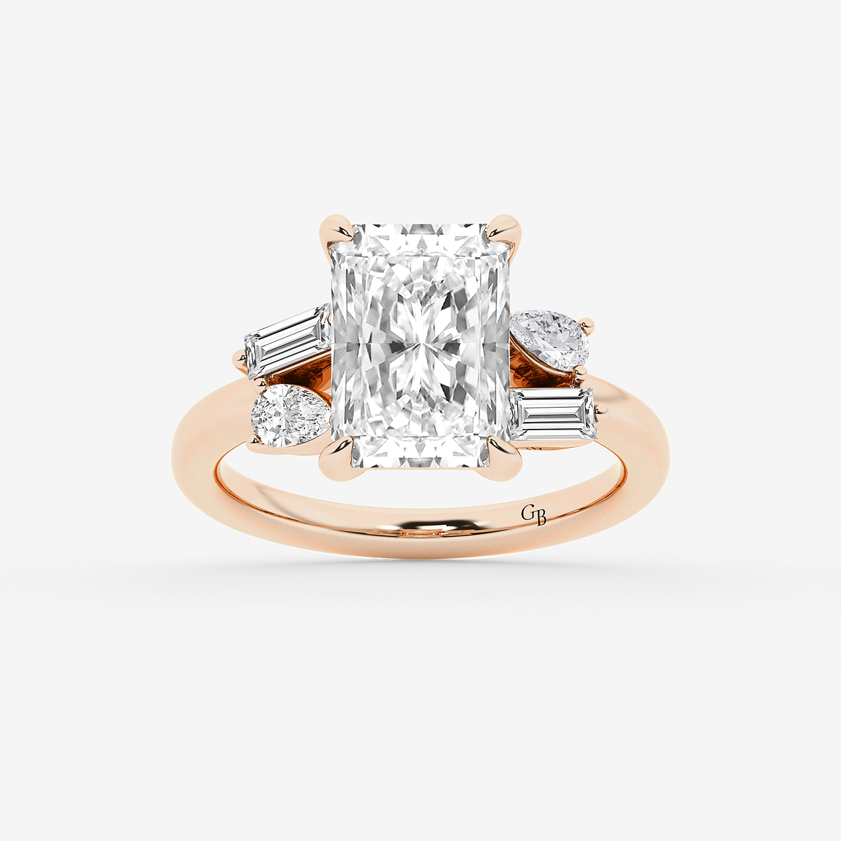 4 1/2 ctw Radiant Lab Grown Diamond with Pear and Baguette Side Stone Engagement Ring