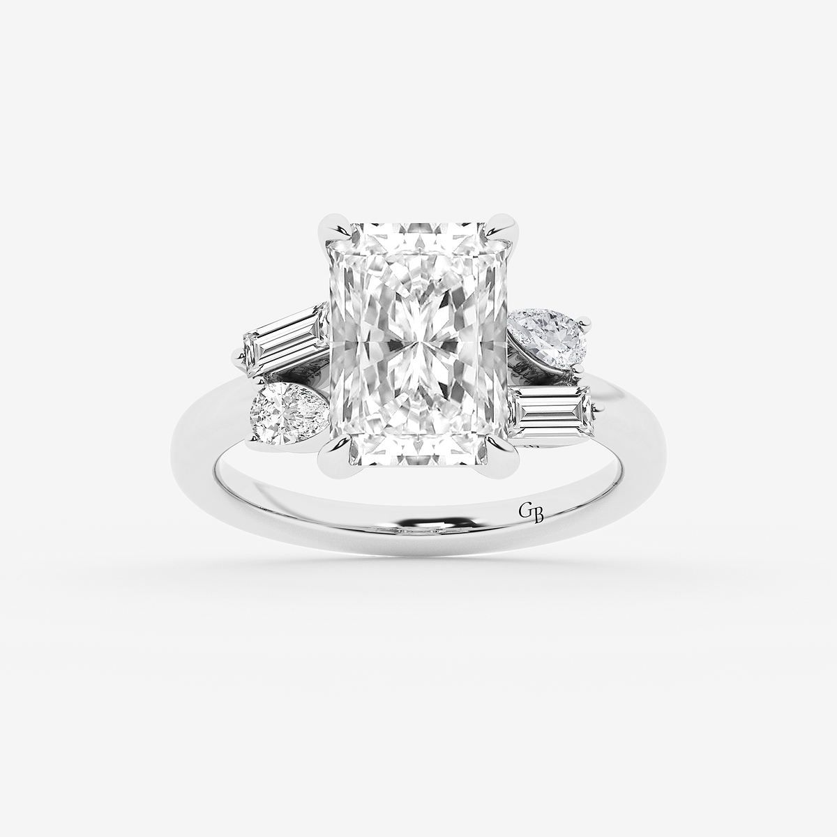 5 1/2 ctw Radiant Lab Grown Diamond with Pear and Baguette Side Stone Engagement Ring