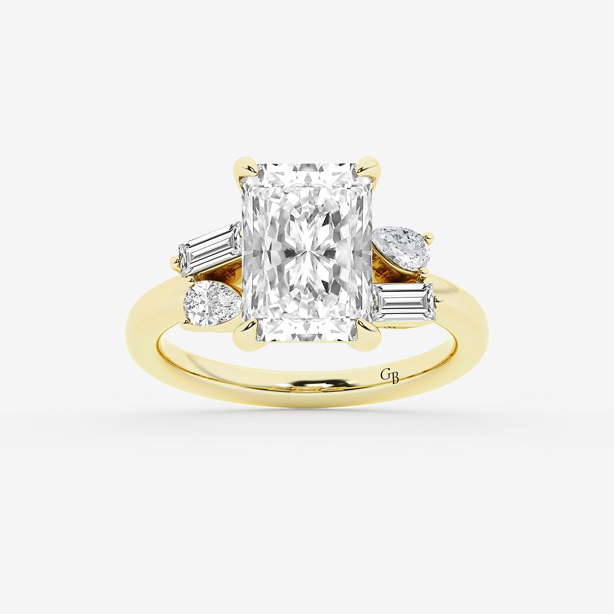 5 1/2 ctw Radiant Lab Grown Diamond with Pear and Baguette Side Stone Engagement Ring
