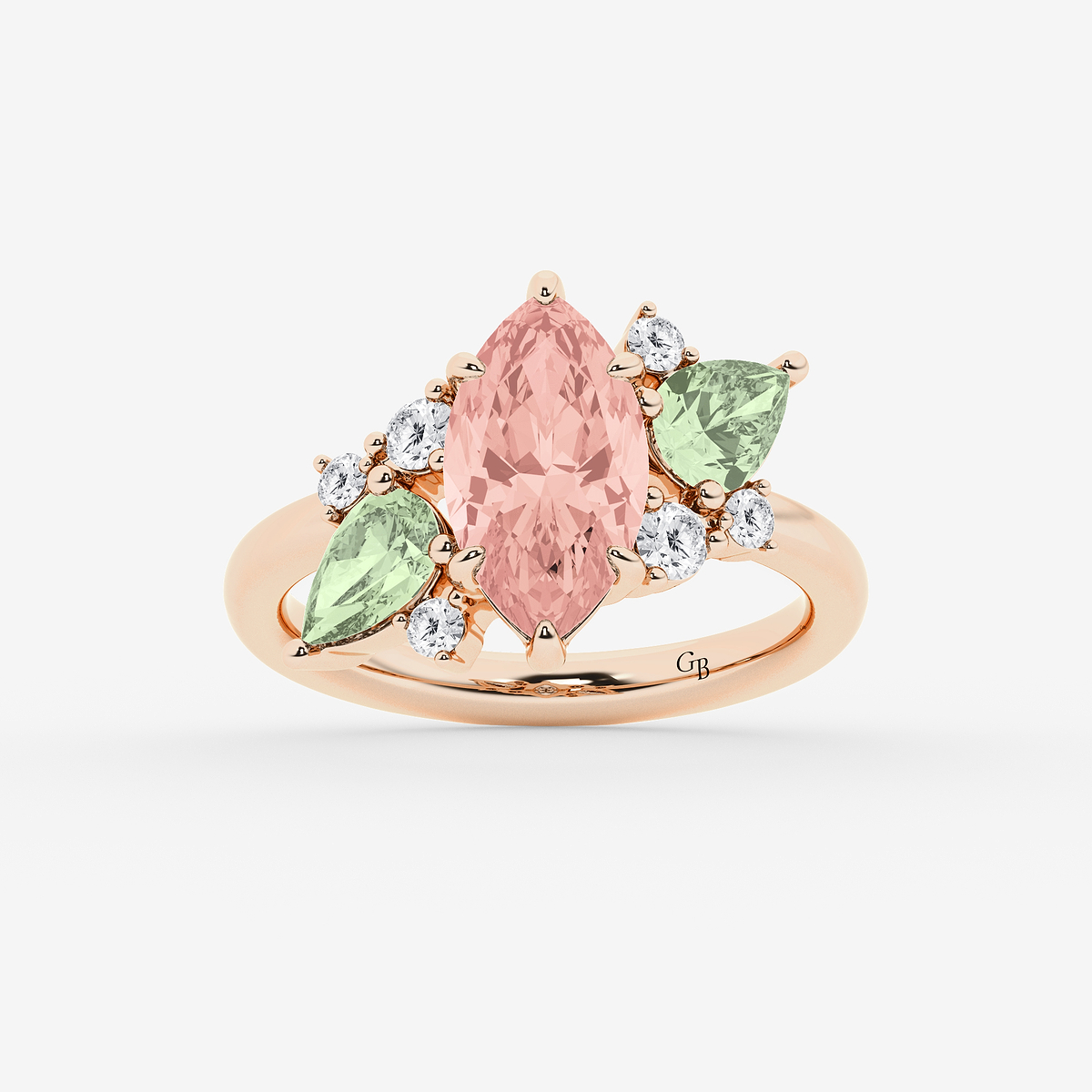 5 ctw Marquise Cut Created Morganite with Green Amethyst Pear and Round Lab Grown Diamond Ring