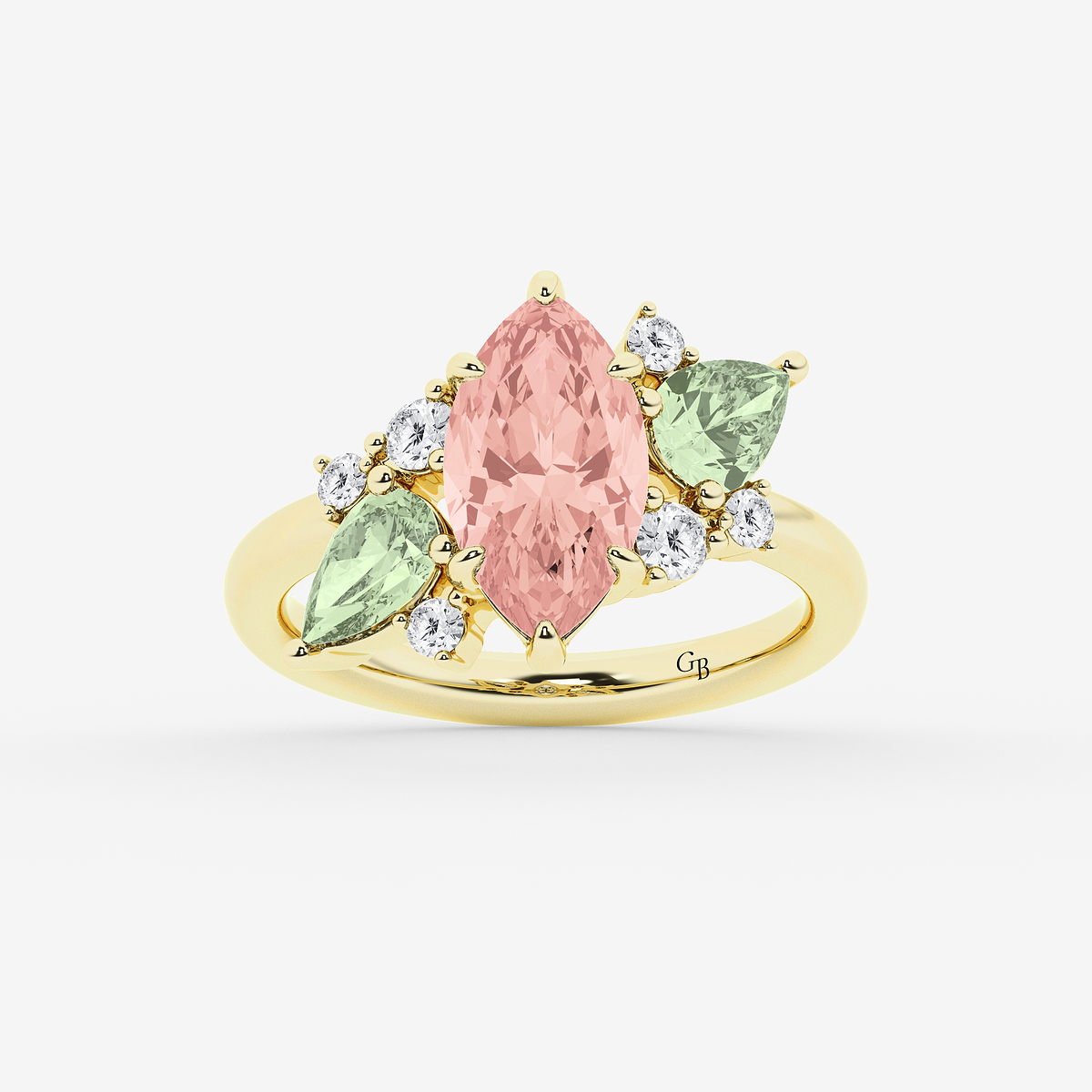 5 ctw Marquise Cut Created Morganite with Green Amethyst Pear and Round Lab Grown Diamond Fashion Ring 14K Yellow Gold