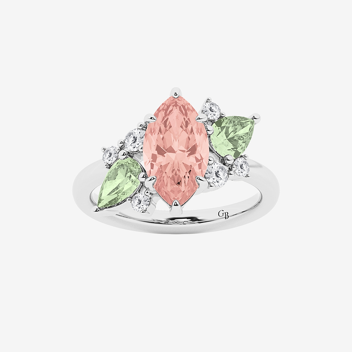 Marquise Cut Created Morganite with Green Amethyst Pear & Round Lab Grown Diamond Ring