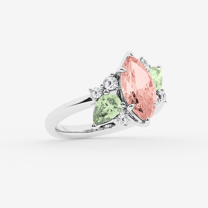 Marquise Cut Created Morganite with Green Amethyst Pear & Round Lab Grown Diamond Ring