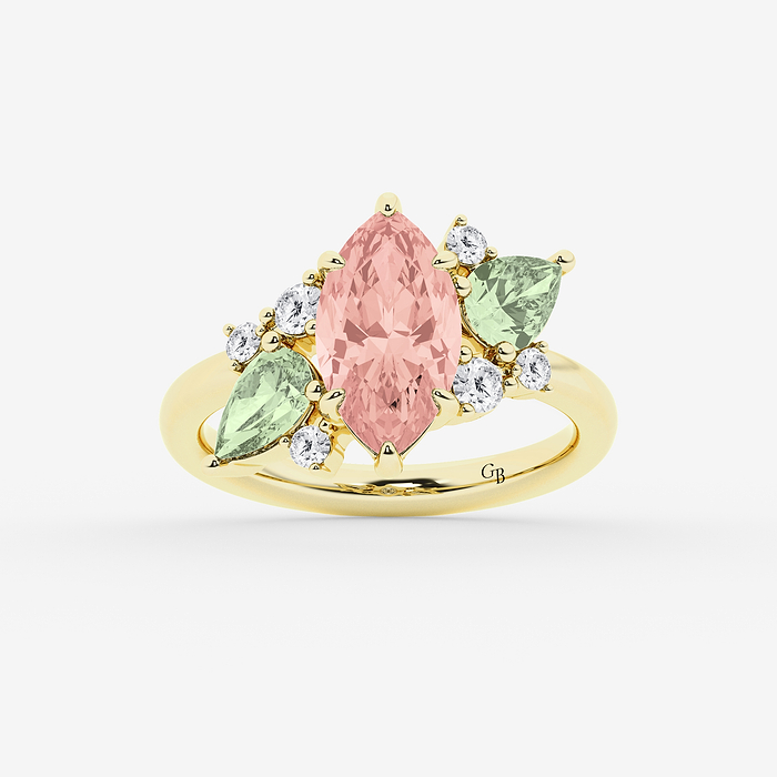 Marquise Cut Created Morganite with Green Amethyst Pear &amp; Round Lab Grown Diamond Ring