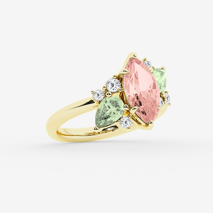 Marquise Cut Created Morganite with Green Amethyst Pear &amp; Round Lab Grown Diamond Ring