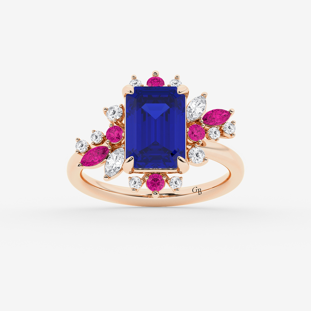 10x7 mm Emerald Cut Blue Sapphire and Marquise & Round Pink Sapphire with 1/3 ctw Round & Marquise Lab Grown Diamond Nature Inspired Ring