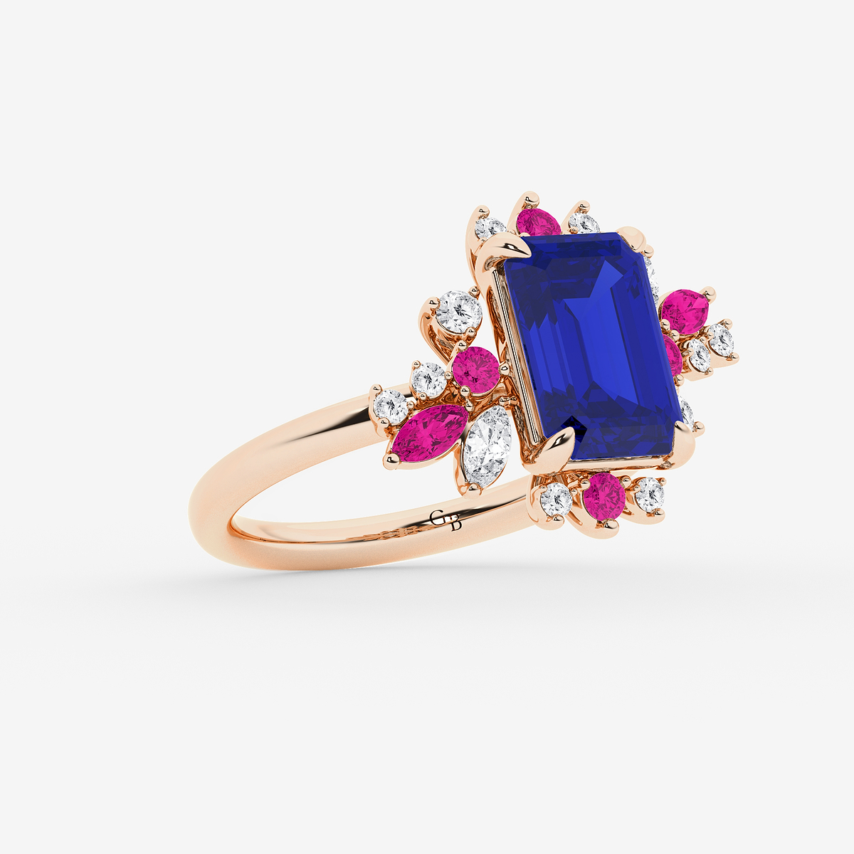 Additional Image 1 for  10x7 mm Emerald Cut Blue Sapphire and Marquise & Round Pink Sapphire with 1/3 ctw Round & Marquise Lab Grown Diamond Nature Inspired Ring